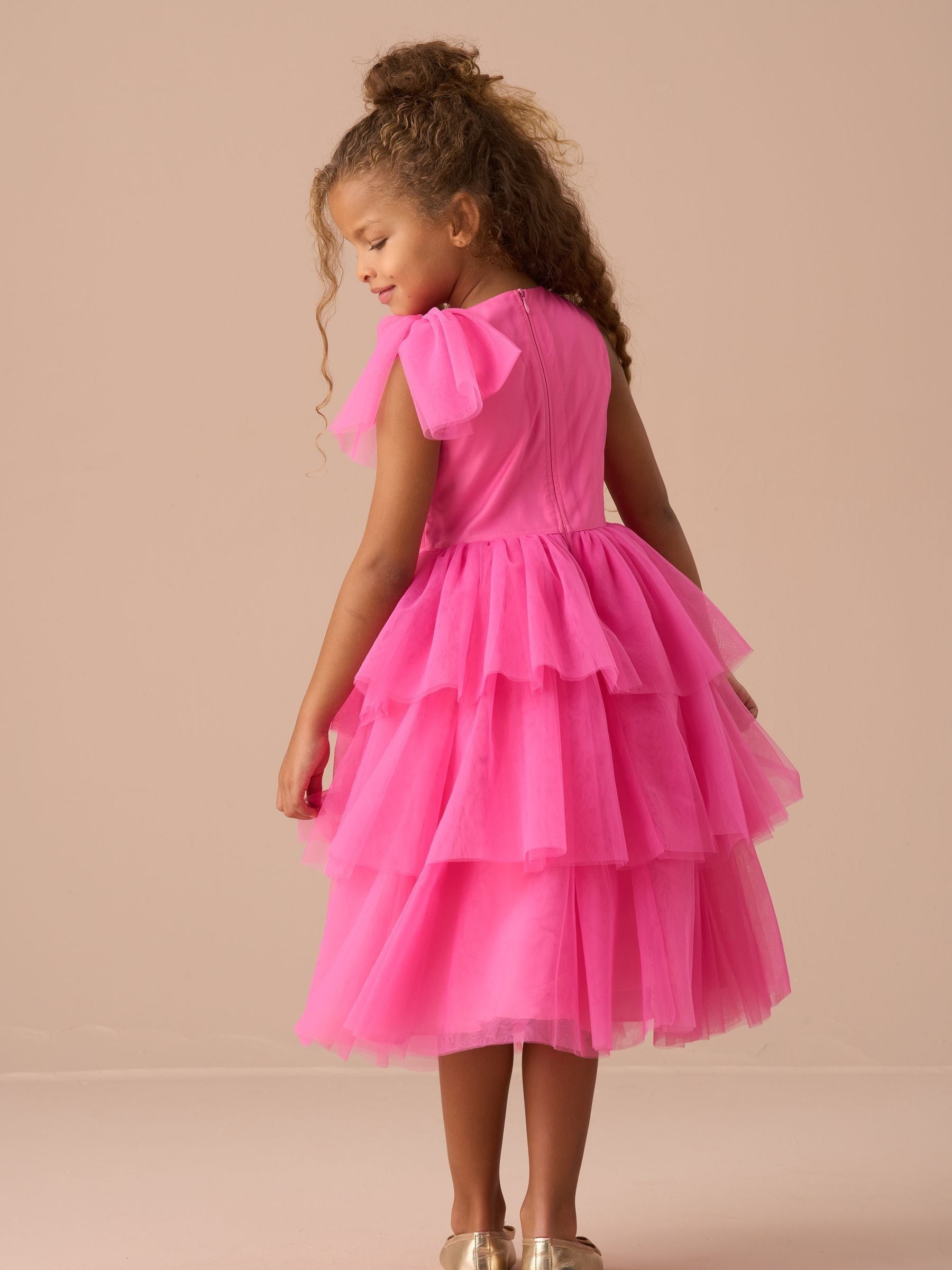 Buy Angel & Rocket Pink Sienna Bow Tiered Mesh Dress from