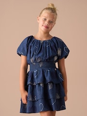 Angel & Rocket Eva Blue Foil Print Denim Tiered Bubble Hem Sleeve Dress - Image 1 of 6