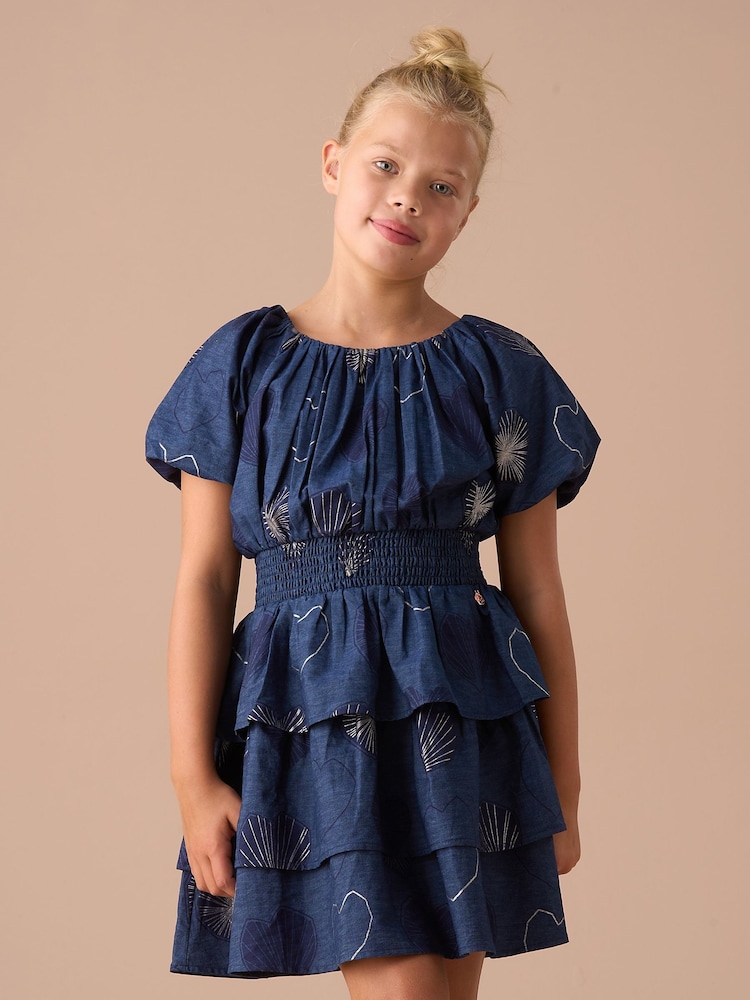 Angel & Rocket Eva Blue Foil Print Denim Tiered Bubble Hem Sleeve Dress - Image 1 of 6