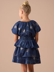 Angel & Rocket Eva Blue Foil Print Denim Tiered Bubble Hem Sleeve Dress - Image 2 of 6