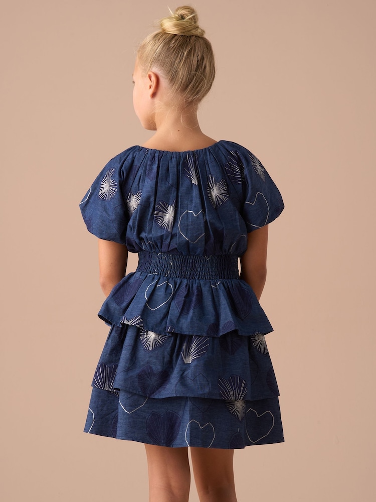 Angel & Rocket Eva Blue Foil Print Denim Tiered Bubble Hem Sleeve Dress - Image 2 of 6