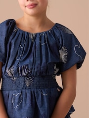 Angel & Rocket Eva Blue Foil Print Denim Tiered Bubble Hem Sleeve Dress - Image 3 of 6