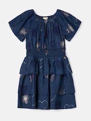 Angel & Rocket Eva Blue Foil Print Denim Tiered Bubble Hem Sleeve Dress - Image 4 of 6