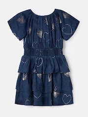 Angel & Rocket Eva Blue Foil Print Denim Tiered Bubble Hem Sleeve Dress - Image 5 of 6