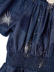 Angel & Rocket Eva Blue Foil Print Denim Tiered Bubble Hem Sleeve Dress - Image 6 of 6