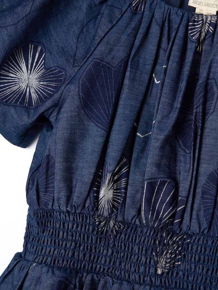 Angel & Rocket Eva Blue Foil Print Denim Tiered Bubble Hem Sleeve Dress - Image 6 of 6