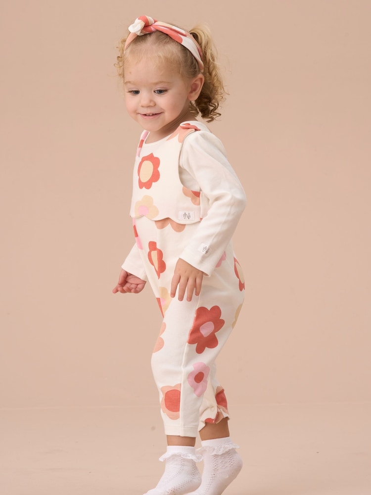 Angel & Rocket Pink Daphne Flower Print Dungaree 3 Pc Set - Image 4 of 7