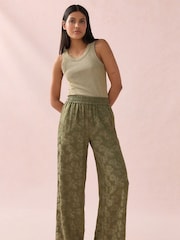 Khaki Green Satin Jacquard Wide Leg Trousers - Image 1 of 10