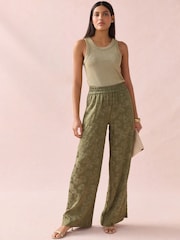 Khaki Green Satin Jacquard Wide Leg Trousers - Image 2 of 10