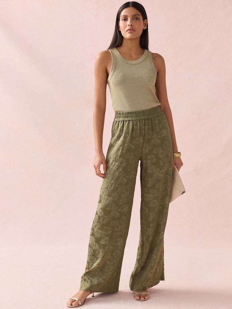Khaki Green Satin Jacquard Wide Leg Trousers - Image 2 of 10