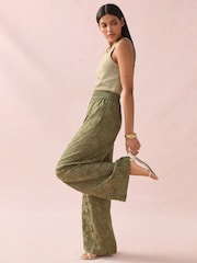 Khaki Green Satin Jacquard Wide Leg Trousers - Image 3 of 10
