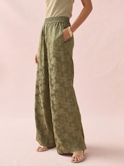 Khaki Green Satin Jacquard Wide Leg Trousers - Image 5 of 10