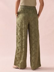 Khaki Green Satin Jacquard Wide Leg Trousers - Image 6 of 10