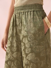 Khaki Green Satin Jacquard Wide Leg Trousers - Image 7 of 10
