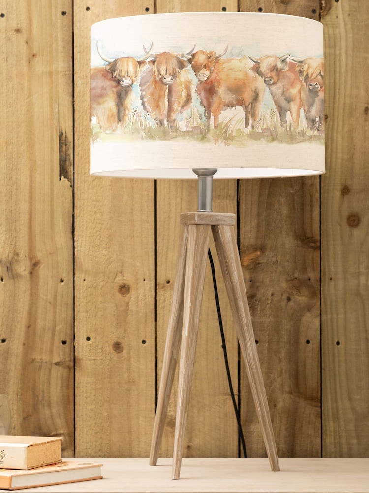 Voyage Maison Grey Aratus Wooden Lamp with Highland Cattle Shade - Image 1 of 3