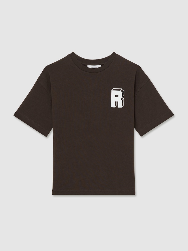 Reiss Chocolate Brown / Off White Manny 13-14 yrs Cotton Block-Logo Oversized T-Shirt - Image 1 of 4