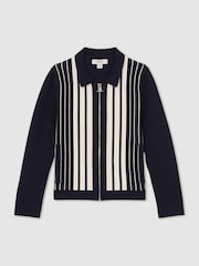 Reiss Navy/White Ambient 13-14 yrs Striped Zip-Through Knit Overshirt - Image 1 of 5