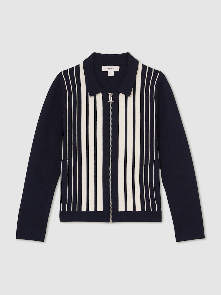 Reiss Navy/White Ambient 13-14 yrs Striped Zip-Through Knit Overshirt - Image 1 of 5