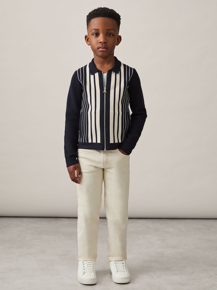 Reiss Navy/White Ambient 13-14 yrs Striped Zip-Through Knit Overshirt - Image 2 of 5