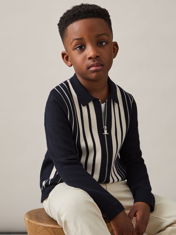 Reiss Navy/White Ambient 9-13 yrs Striped Zip-Through Knit Overshirt - Image 3 of 5