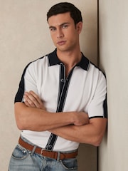 Reiss White/Navy Dunwich Colourblock Tipped Knit Shirt - Image 1 of 6