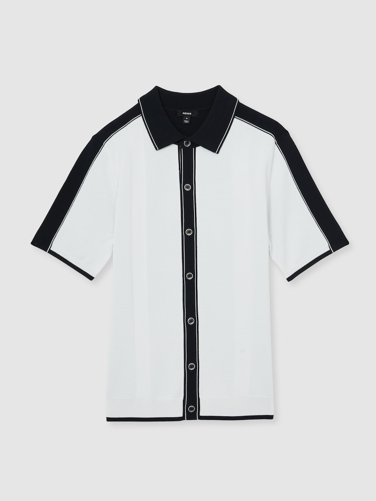Reiss White/Navy Dunwich Colourblock Tipped Knit Shirt - Image 2 of 6