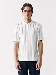 White/Black Regular Fit Short Sleeve Vertical Stripe Knit Quarter Zip Polo Shirt - Image 1 of 7