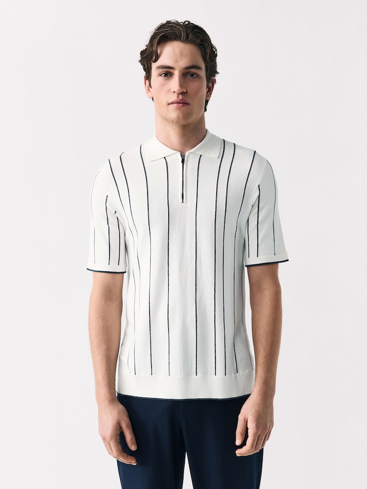 White/Black Regular Fit Short Sleeve Vertical Stripe Knit Quarter Zip Polo Shirt - Image 1 of 7
