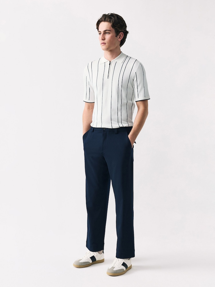 White/Black Regular Fit Short Sleeve Vertical Stripe Knit Quarter Zip Polo Shirt - Image 2 of 7