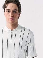 White/Black Regular Fit Short Sleeve Vertical Stripe Knit Quarter Zip Polo Shirt - Image 4 of 7
