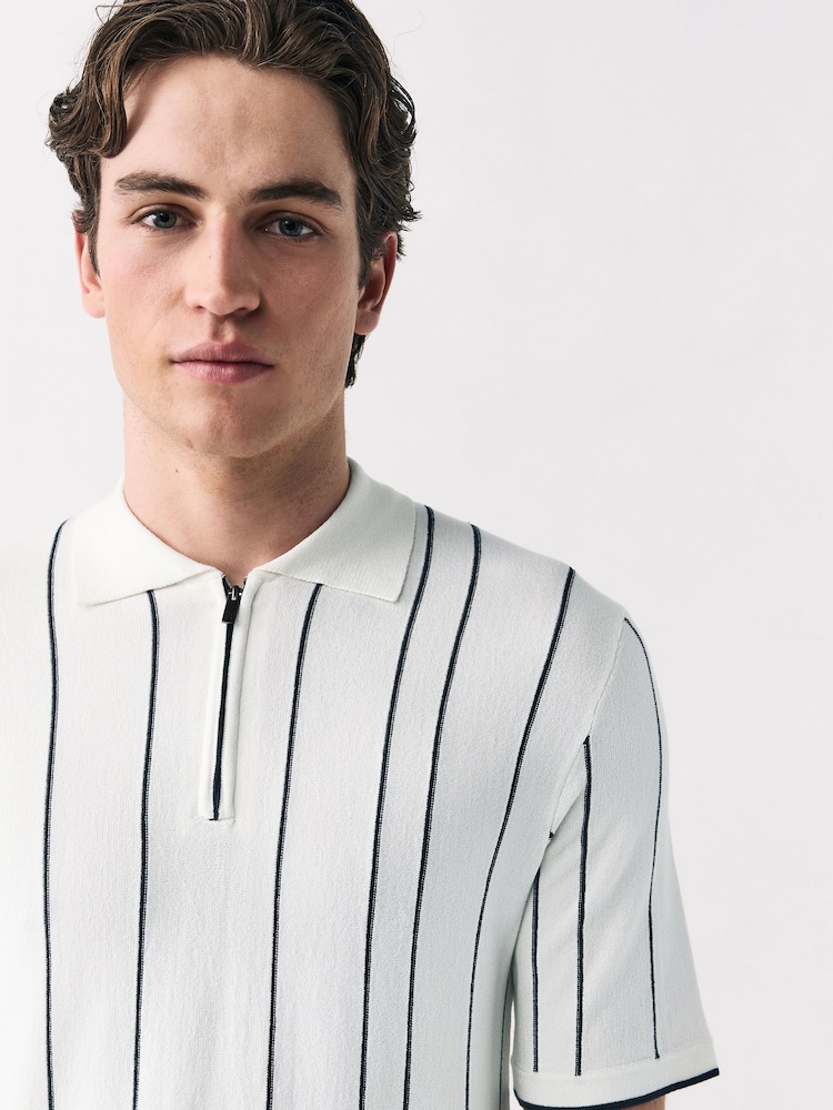 White/Black Regular Fit Short Sleeve Vertical Stripe Knit Quarter Zip Polo Shirt - Image 4 of 7