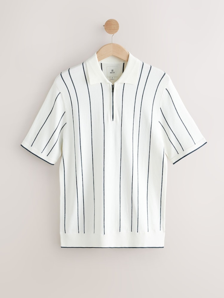 White/Black Regular Fit Short Sleeve Vertical Stripe Knit Quarter Zip Polo Shirt - Image 5 of 7