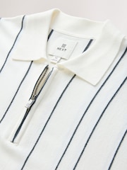 White/Black Regular Fit Short Sleeve Vertical Stripe Knit Quarter Zip Polo Shirt - Image 6 of 7