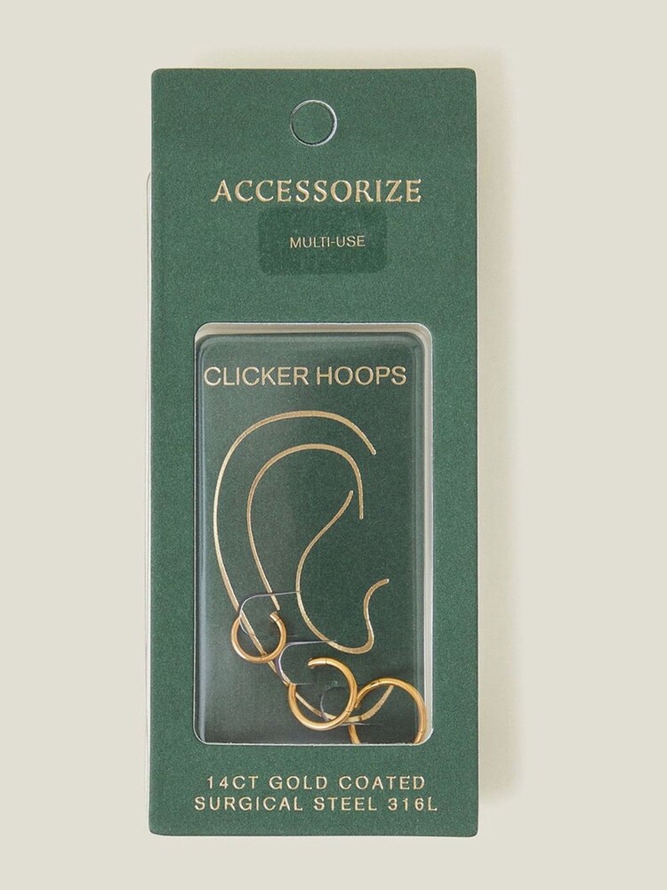 Accessorize Gold Tone 14ct Surgical Steel Hoops 3 Pack - Image 2 of 2 Accessorize Gold Tone 14ct Surgical Steel Hoops 3 Pack - Image 2 of 2