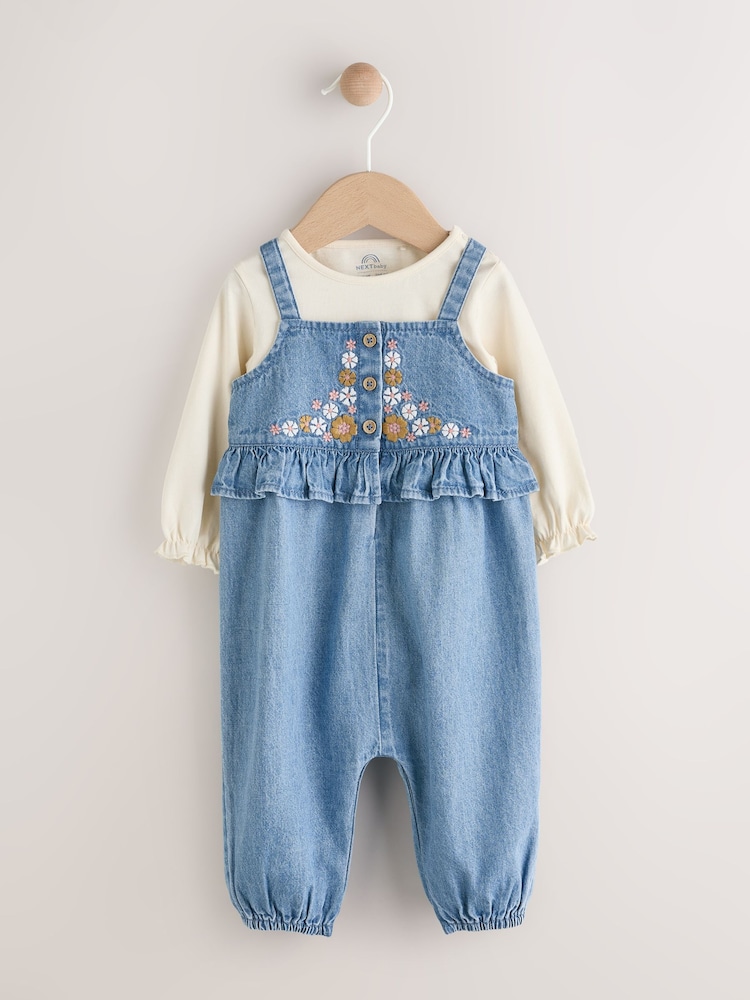 Blue Embroidered Denim Baby Long Sleeve Bodysuit & Dungaree Set (0mths-2yrs) - Image 1 of 8
