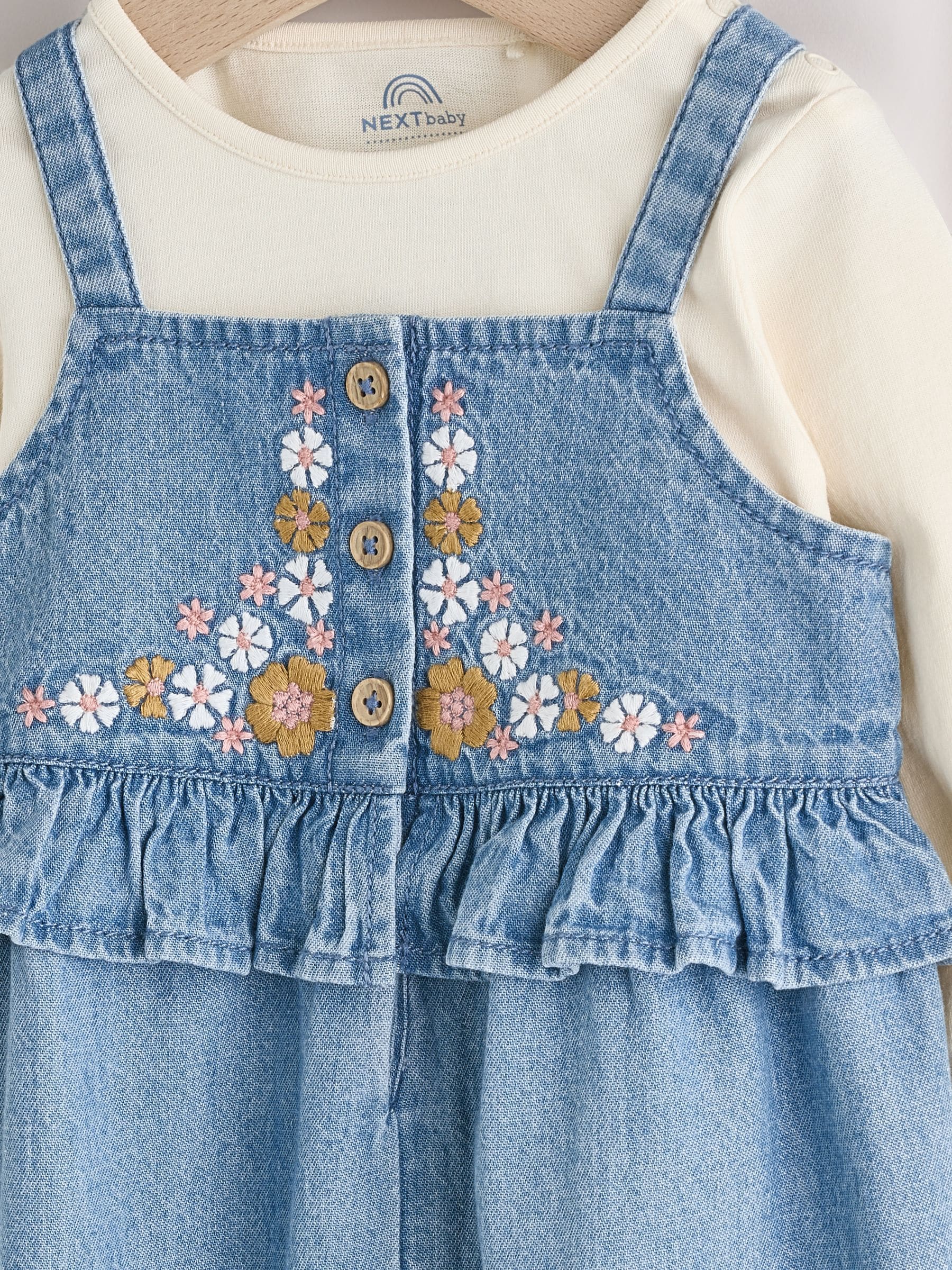 Buy Blue Embroidered Denim Baby Long Sleeve Bodysuit & Dungaree