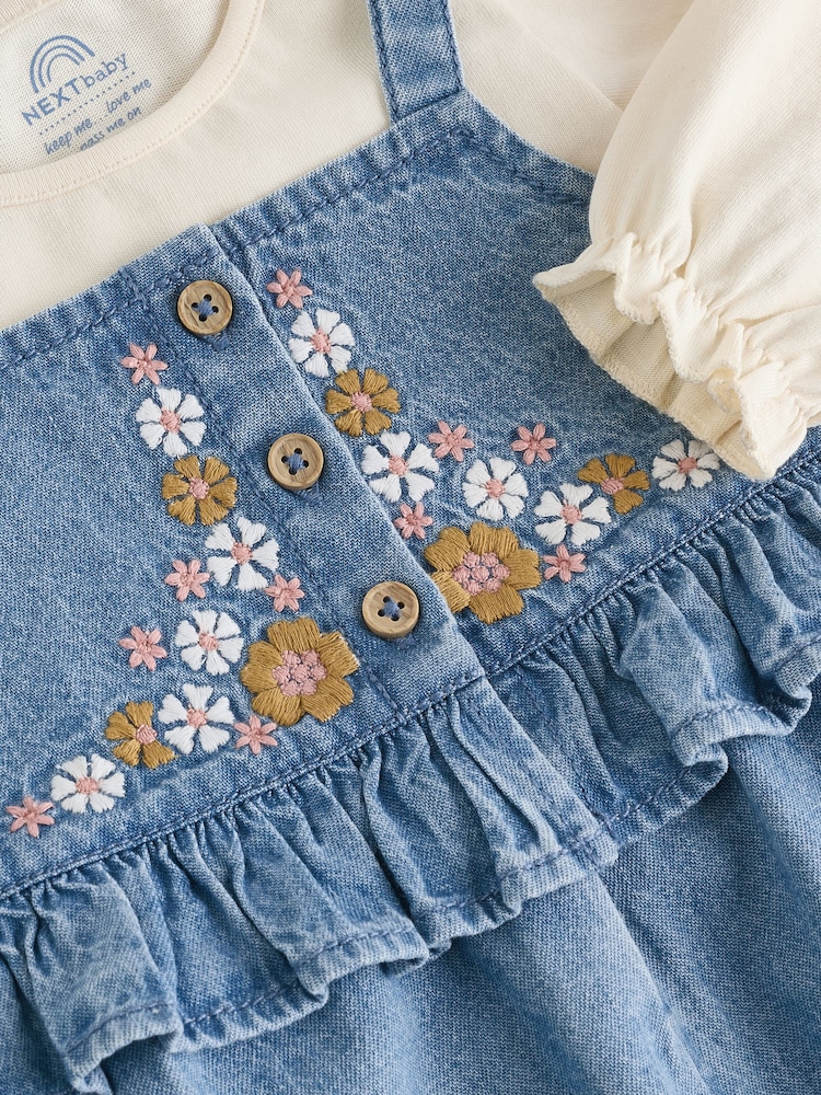 Blue Embroidered Denim Baby Long Sleeve Bodysuit & Dungaree Set (0mths-2yrs) - Image 5 of 8