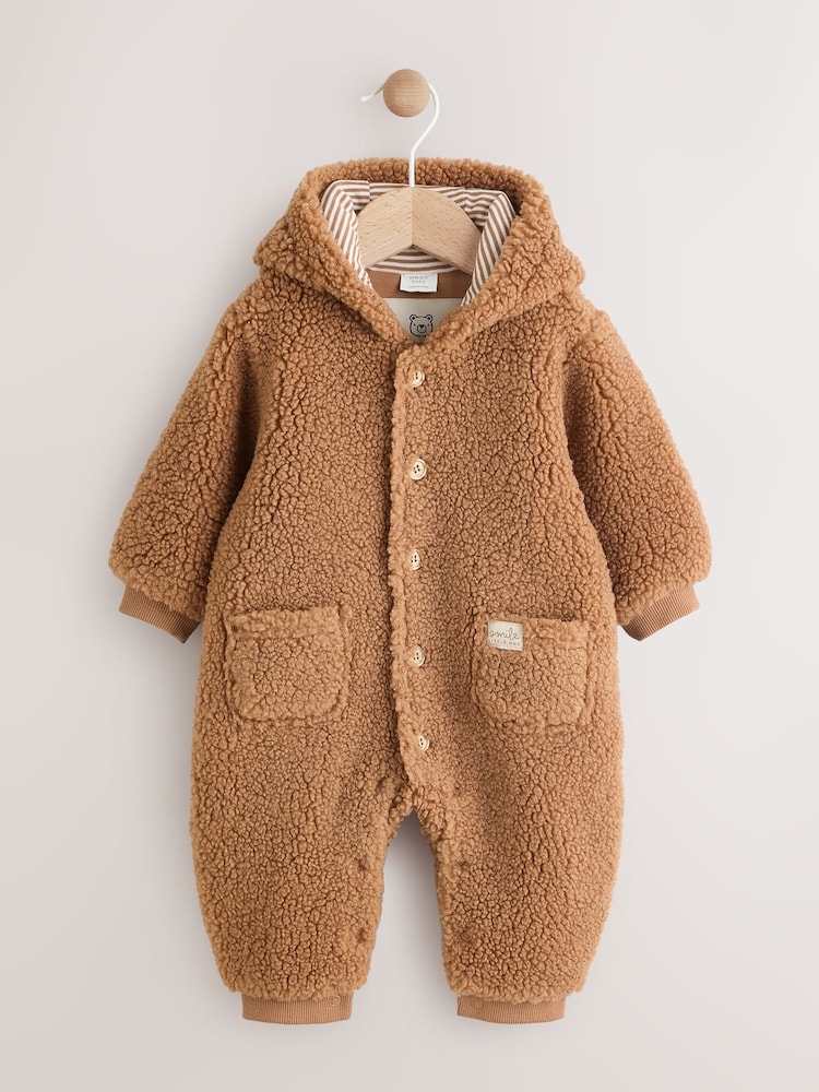 Brown Baby Borg Hooded Pramsuit - Image 1 of 10 Brown Baby Borg Hooded Pramsuit - Image 1 of 10