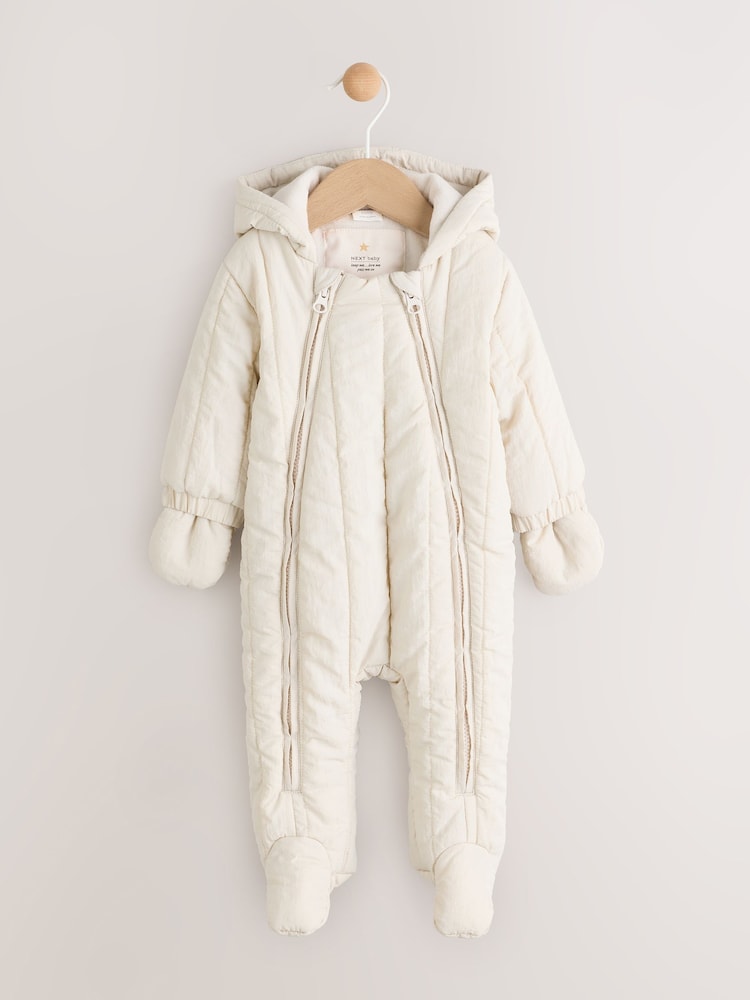 Ecru Little One Back Slogan Quilted Nylon Slogan Pramsuit - Image 1 of 10 Ecru Little One Back Slogan Quilted Nylon Slogan Pramsuit - Image 1 of 10