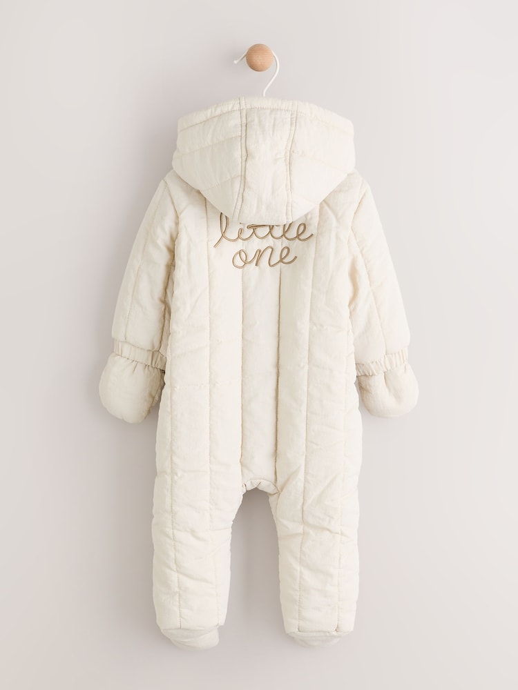 Ecru Little One Back Slogan Quilted Nylon Slogan Pramsuit - Image 2 of 10 Ecru Little One Back Slogan Quilted Nylon Slogan Pramsuit - Image 2 of 10