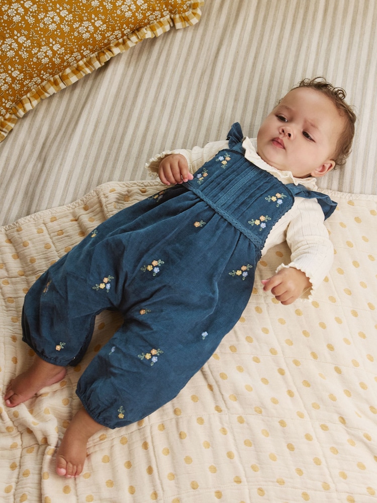 Navy Embroidered Baby Print Long Sleeve Bodysuit and Cord Dungarees 2 Piece Set (0mths-2yrs) - Image 1 of 10