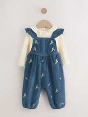 Navy Embroidered Baby Print Long Sleeve Bodysuit and Cord Dungarees 2 Piece Set (0mths-2yrs) - Image 6 of 10
