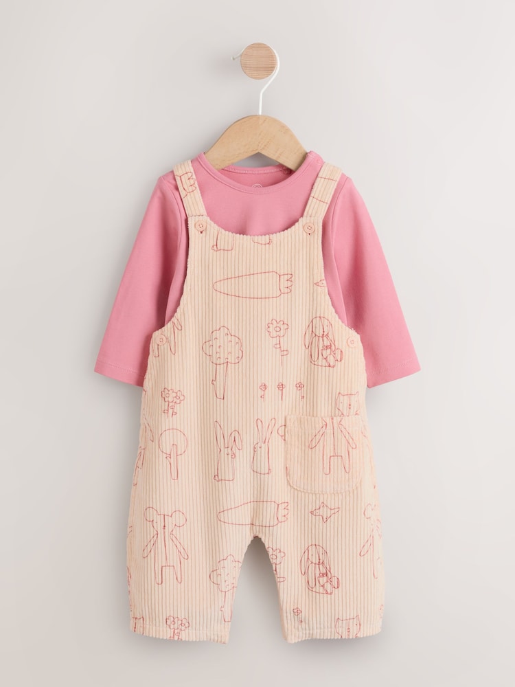 Cream / Pink Character Dungaree and Bodysuit Two Piece Baby Set (0mths-3yrs) - Image 1 of 15