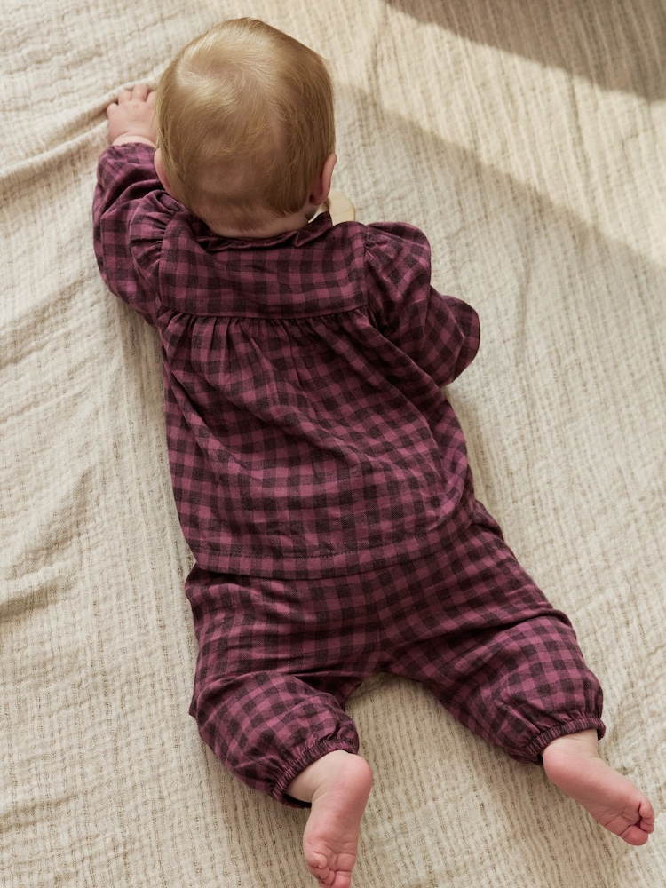 Purple Gingham Baby Woven Long Sleeve Tops and Trousers 2 Piece Set (0mths-2yrs) - Image 2 of 15