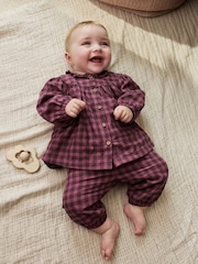 Purple Gingham Baby Woven Long Sleeve Tops and Trousers 2 Piece Set (0mths-2yrs) - Image 3 of 15