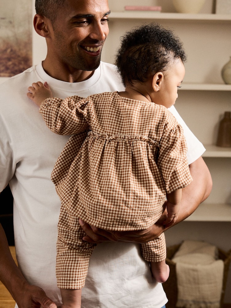 Rust Brown Gingham Baby Woven Long Sleeve Top and Trousers 2 Piece Set (0mths-2yrs) - Image 2 of 15 Rust Brown Gingham Baby Woven Long Sleeve Top and Trousers 2 Piece Set (0mths-2yrs) - Image 2 of 15