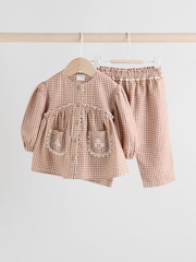 Rust Brown Gingham Baby Woven Long Sleeve Top and Trousers 2 Piece Set (0mths-2yrs) - Image 4 of 15