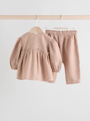 Rust Brown Gingham Baby Woven Long Sleeve Top and Trousers 2 Piece Set (0mths-2yrs) - Image 5 of 15