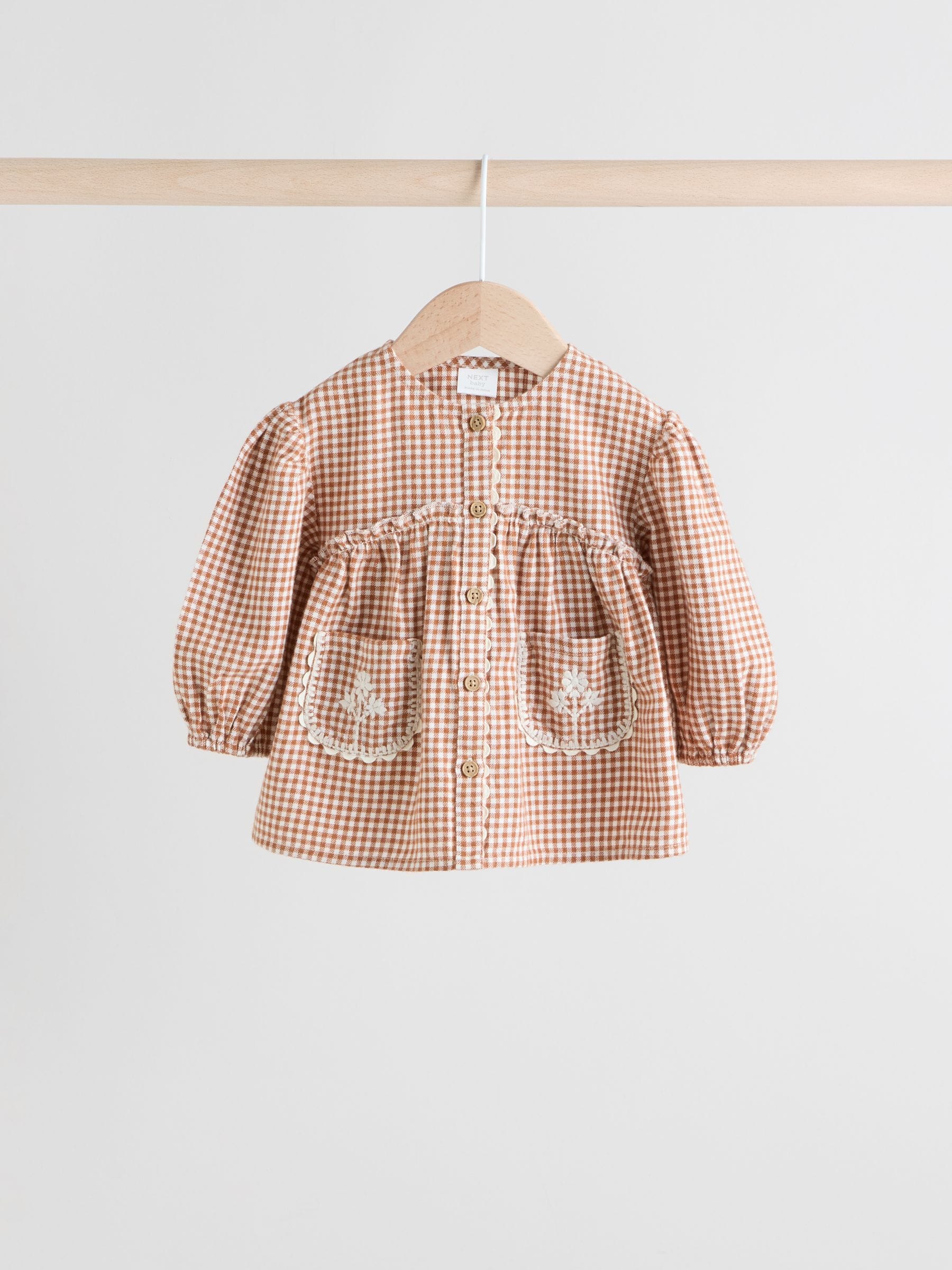 Buy Rust Brown Gingham Baby Woven Long Sleeve Tops and Trousers 2