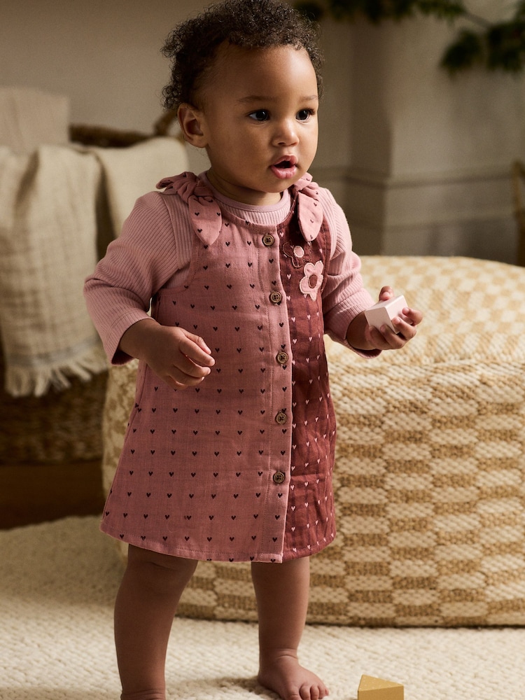 Pink / Berry Heart Baby Pinny Dress and Long Sleeve Bodysuit 2 Piece Set (0mths-2yrs) - Image 1 of 14